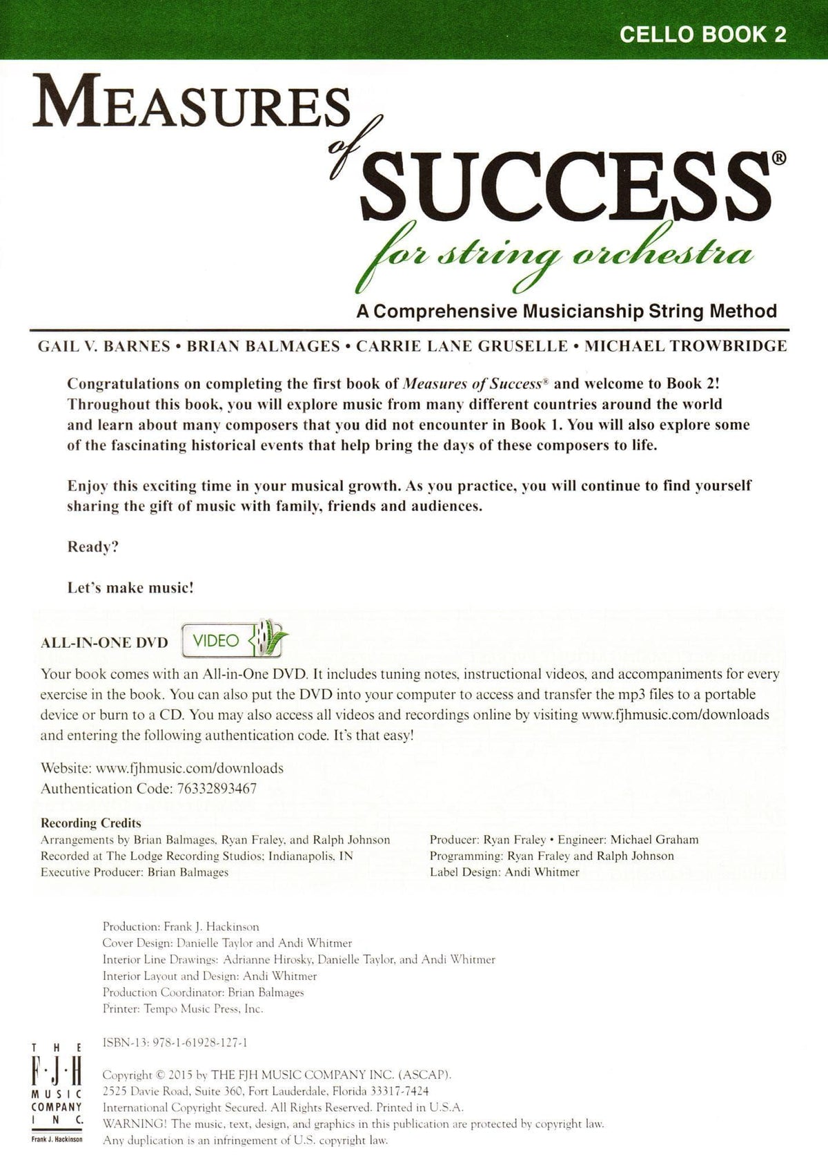 Measures of Success for String Orchestra - by Barnes, Balmages, Gruselle, Trowbridge - for Cello - Book 2 with DVD - FJH